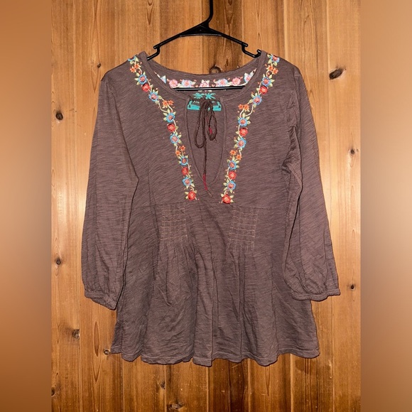Free People Y2K Embroidered Brown Women's Top Size Large - Picture 1 of 3